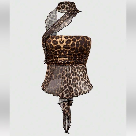 NWOT Goth Y2K Leopard print Chest Ruched Detachable Mesh Scarf Tube Top - Picture 1 of 5